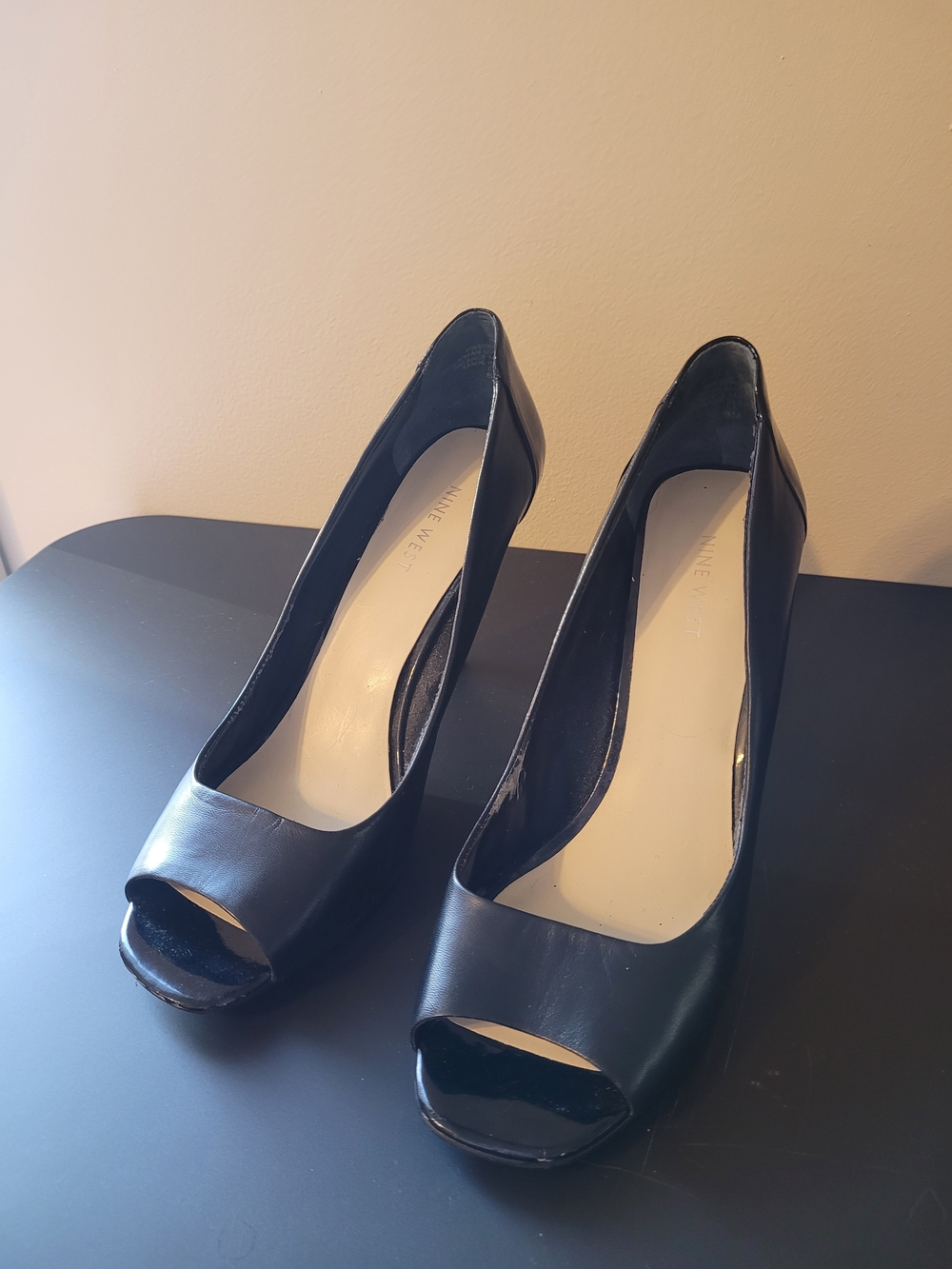 Nine West Black Peep-Toe Leather Pumps